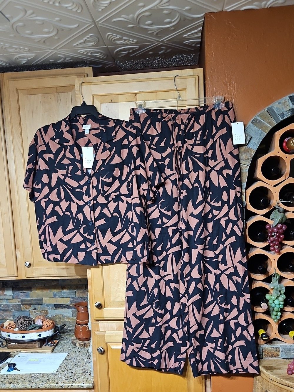 A New Day Black Brown Abstract Linen Blend Top And Wide Leg Pants Matching Set